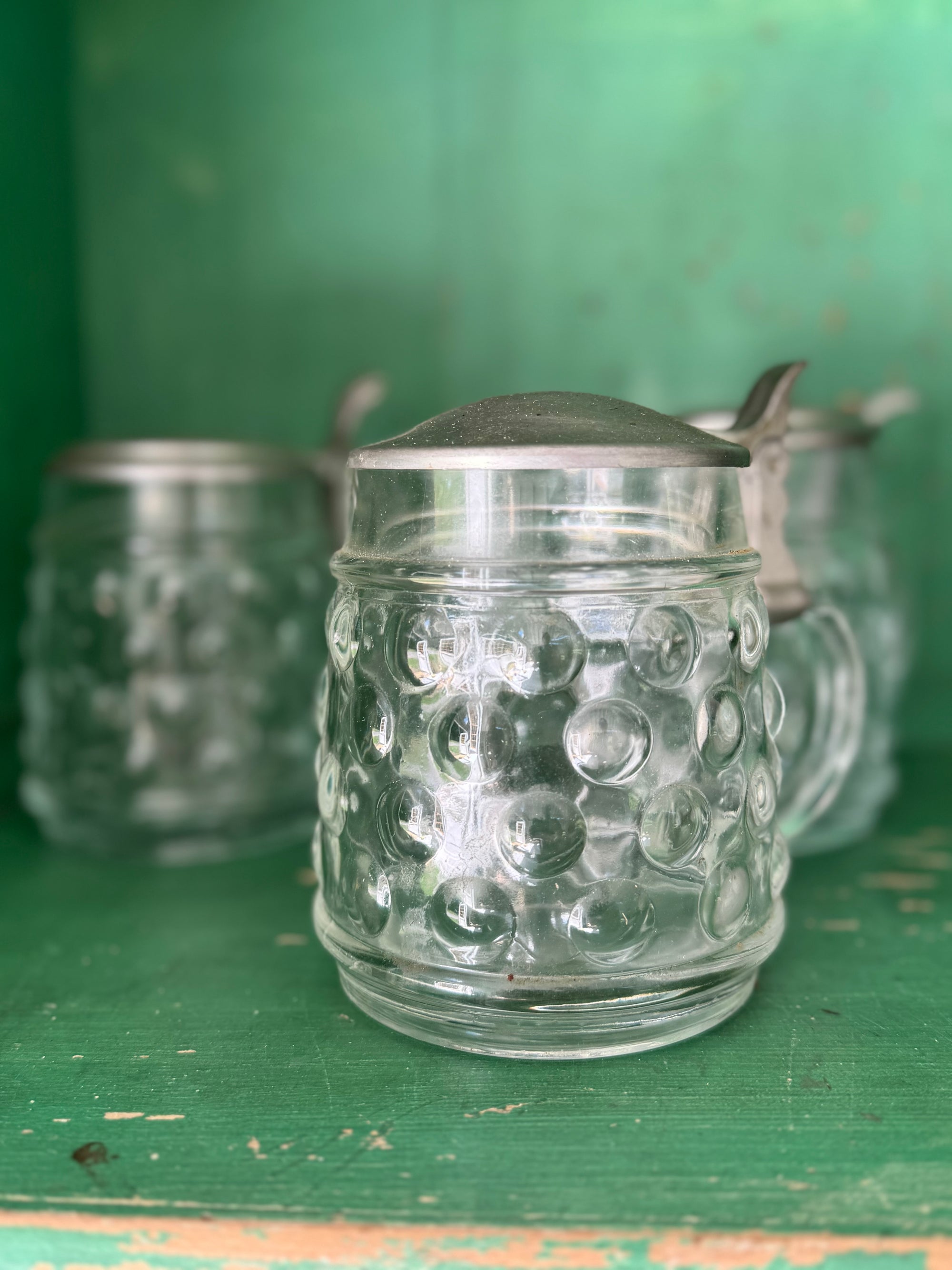 Vintage Bubble Glass Beer Stein Pewter Lid - Set of Three