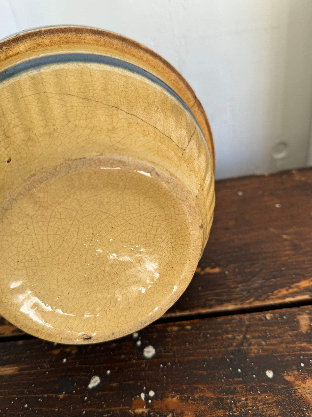 Vintage Yellow Ware Bowl – Blue Stripes