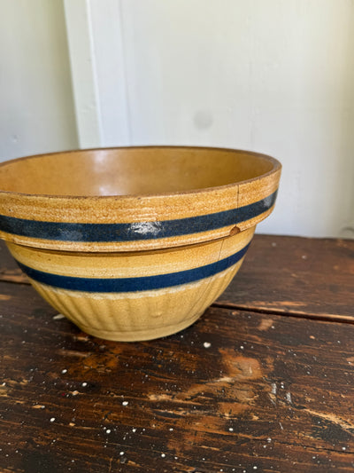 Vintage Yellow Ware Bowl – Blue Stripes