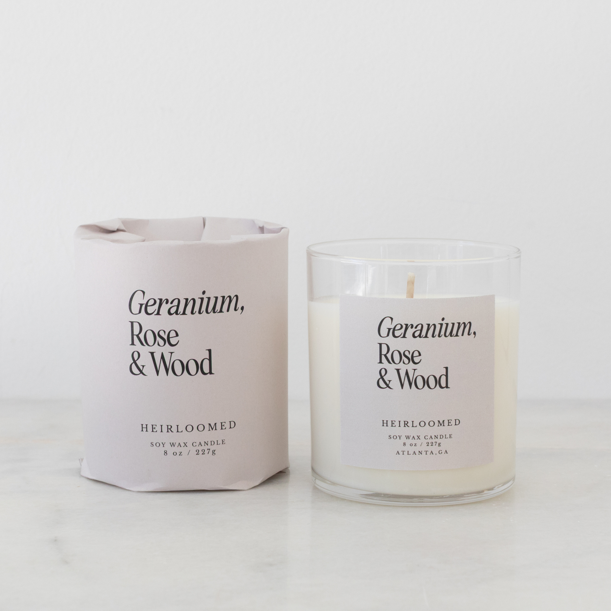 Heirloomed Candle - Geranium, Rose, Wood - 8 oz Soy Wax