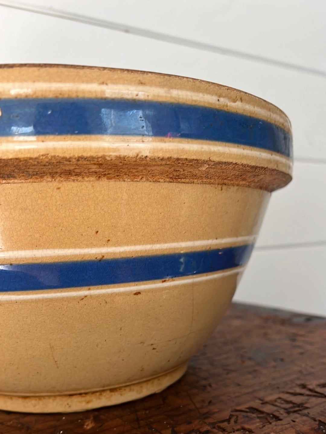 Vintage Yellow Ware Bowl - Blue Stripe