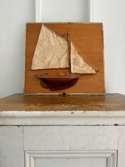 Vintage Wood Sailboat w/ Canvas Sail Wall Art