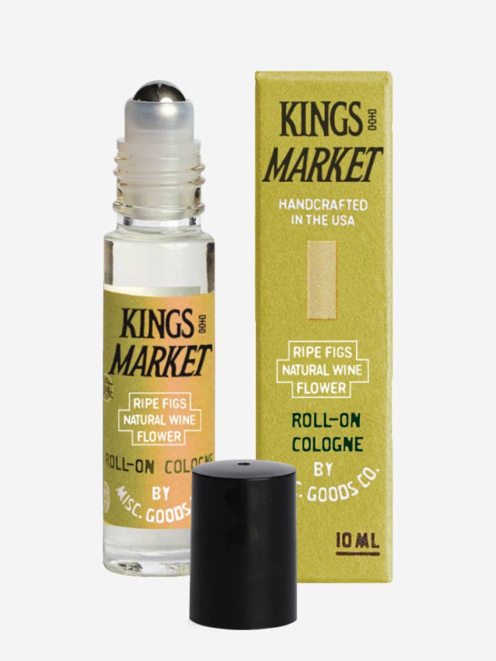 Roll-on cologne bottle and packaging of Kings Market by Misc. Goods Co on a white background