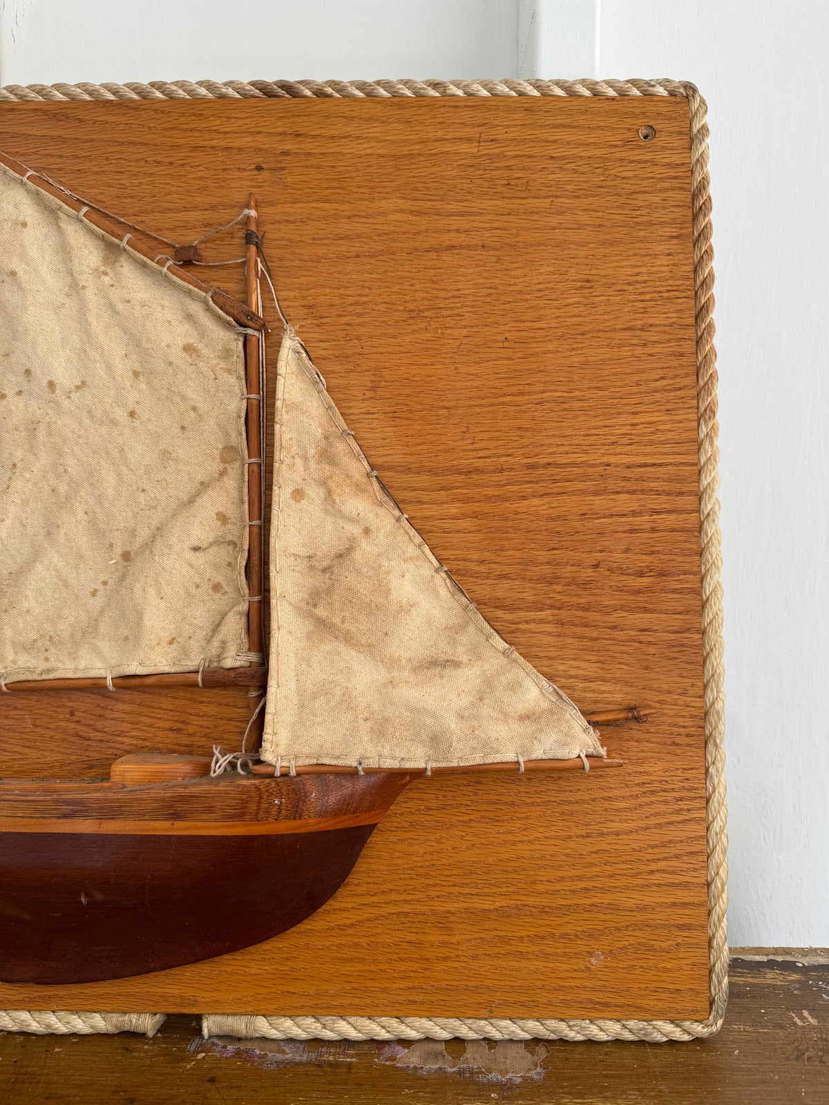 Vintage Wood Sailboat w/ Canvas Sail Wall Art