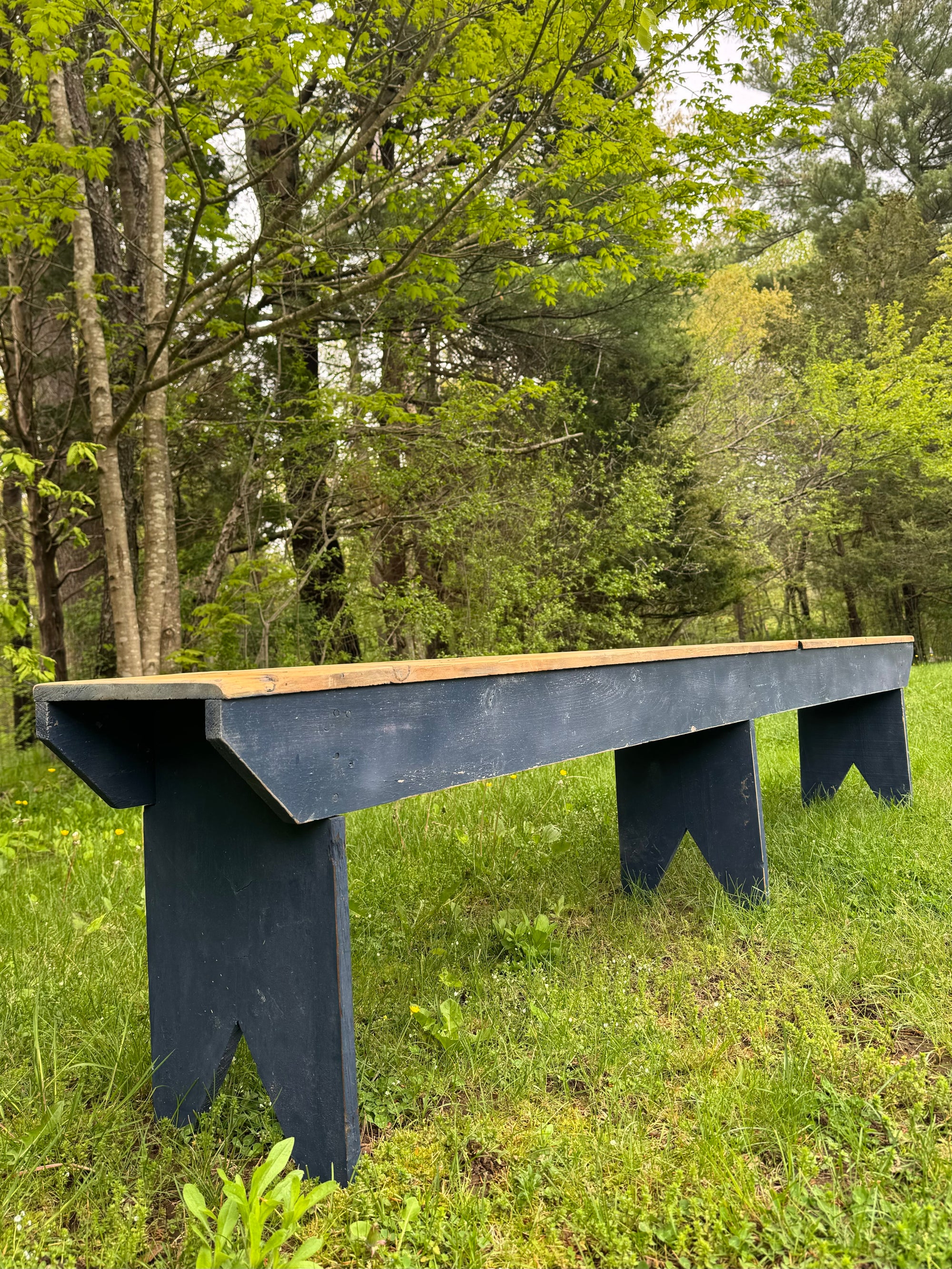 Vintage Navy Blue Wood Bench - 8’ long