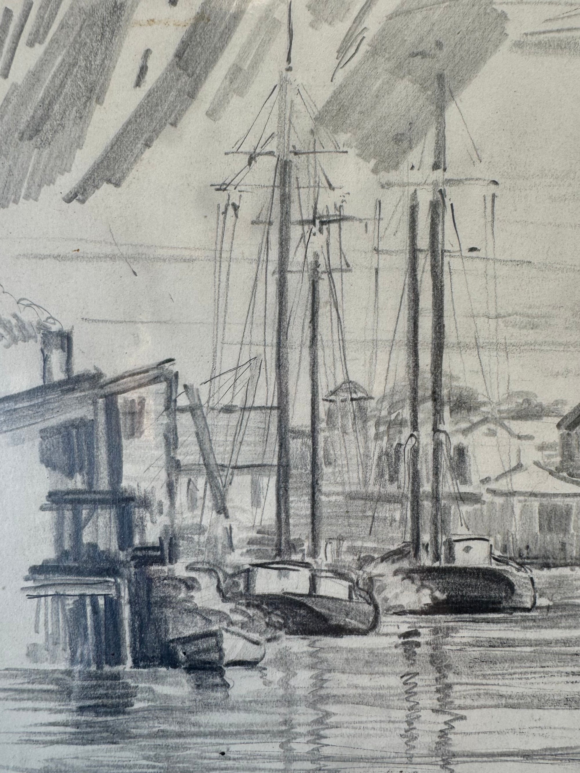 Vintage Pencil Drawing of a Coastal Town