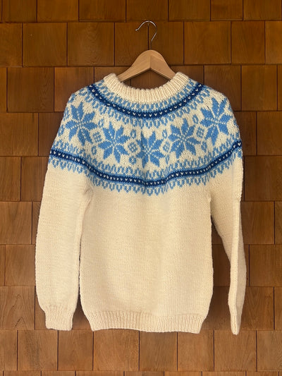 Vintage Hand Knit Wool Sweater - Ivory + Blue