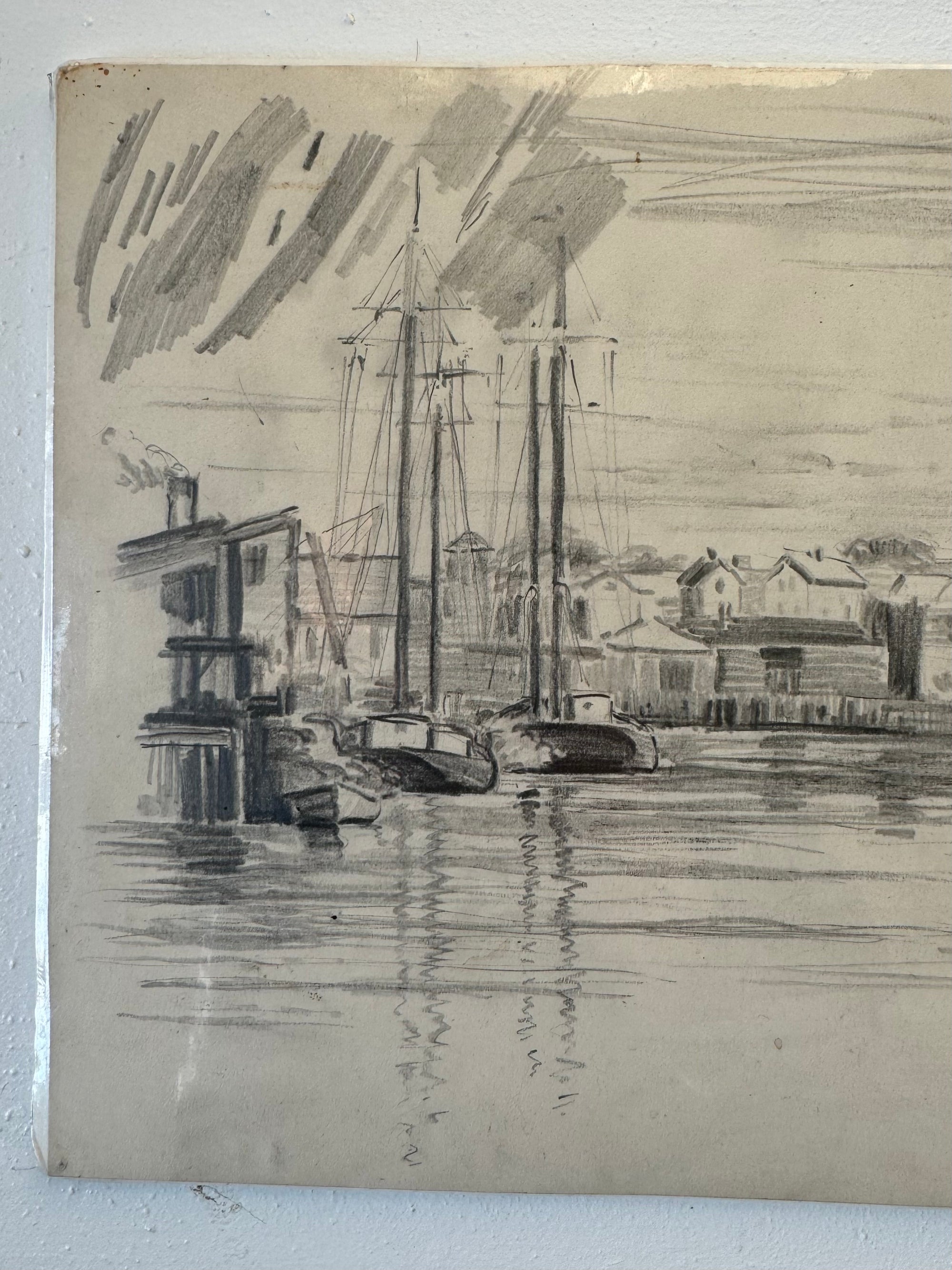 Vintage Pencil Drawing of a Coastal Town