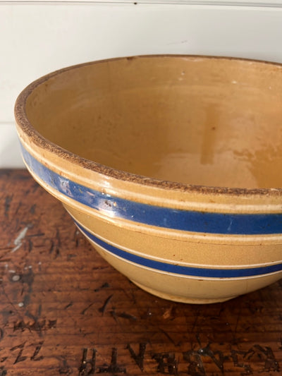 Vintage Yellow Ware Bowl - Blue Stripe
