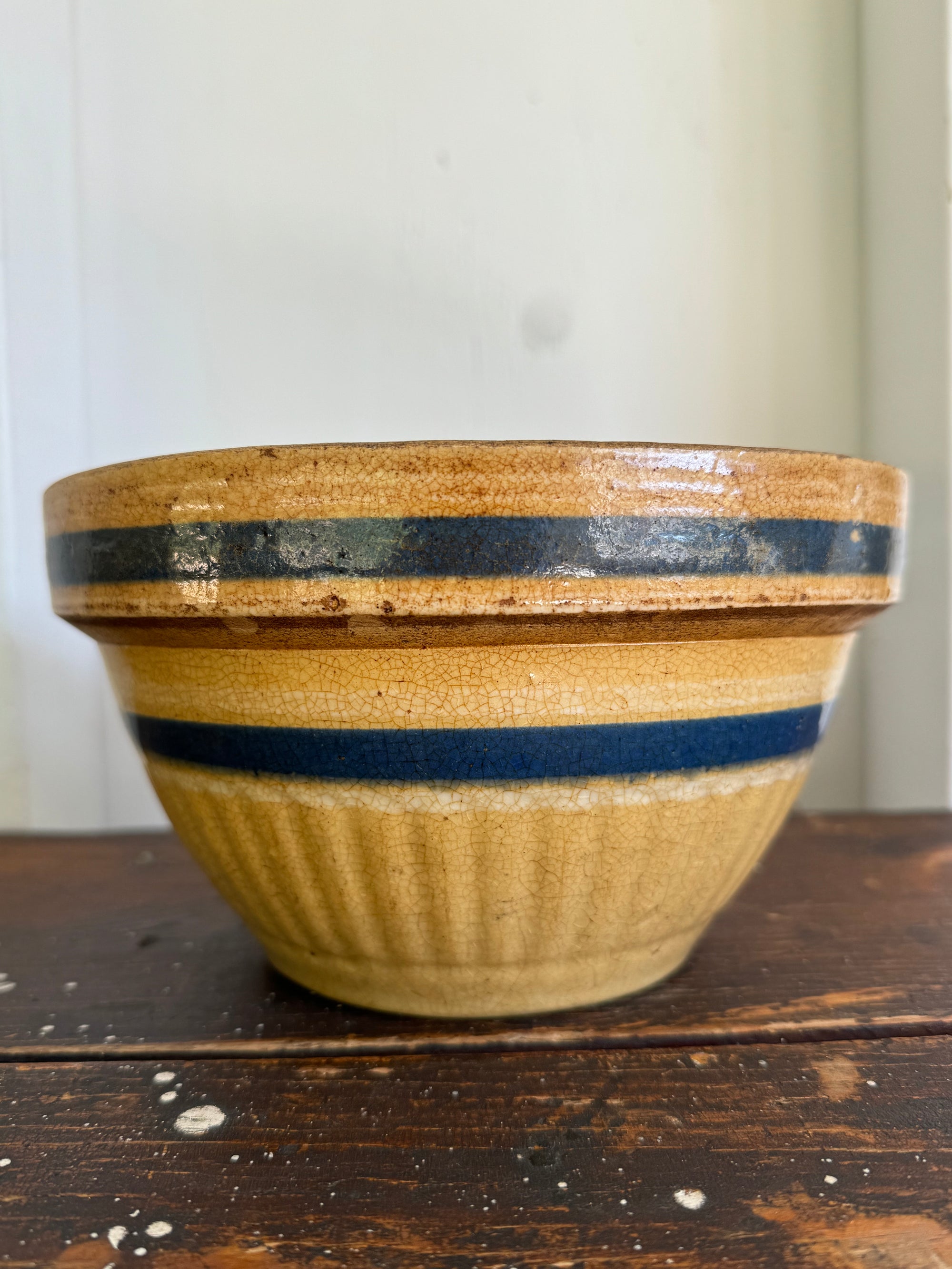 Vintage Yellow Ware Bowl - Blue Stripe