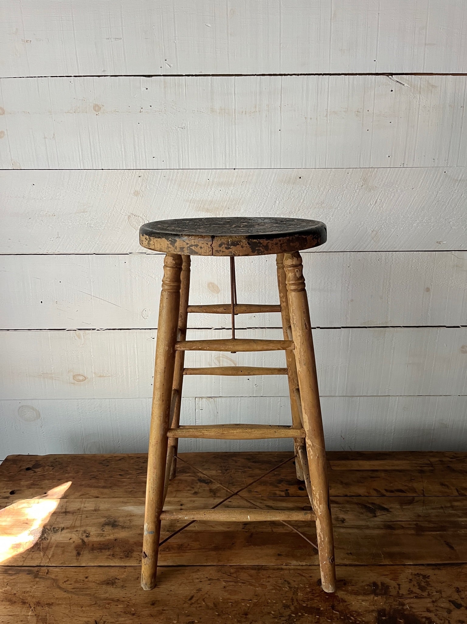 Vintage Wood Stool - Light Wood - Diamonds & Rust