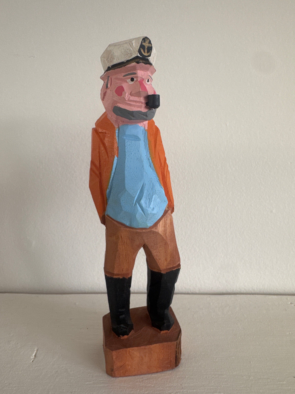Vintage Handcarved Fisherman - Yellow + Blue