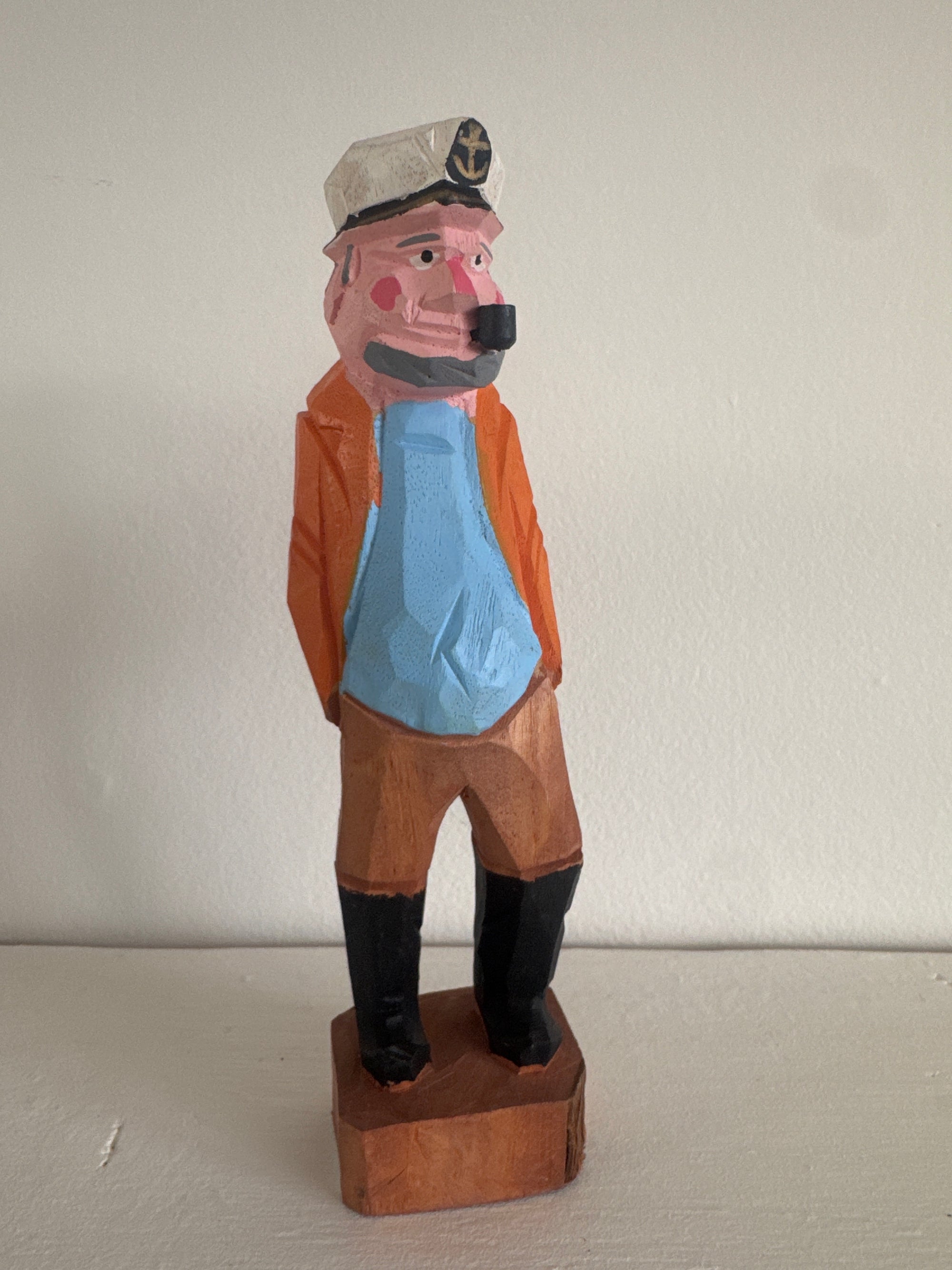 Vintage Handcarved Fisherman - Yellow + Blue
