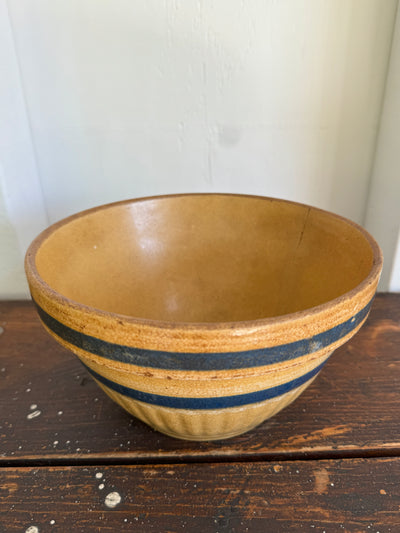 Vintage Yellow Ware Bowl – Blue Stripes