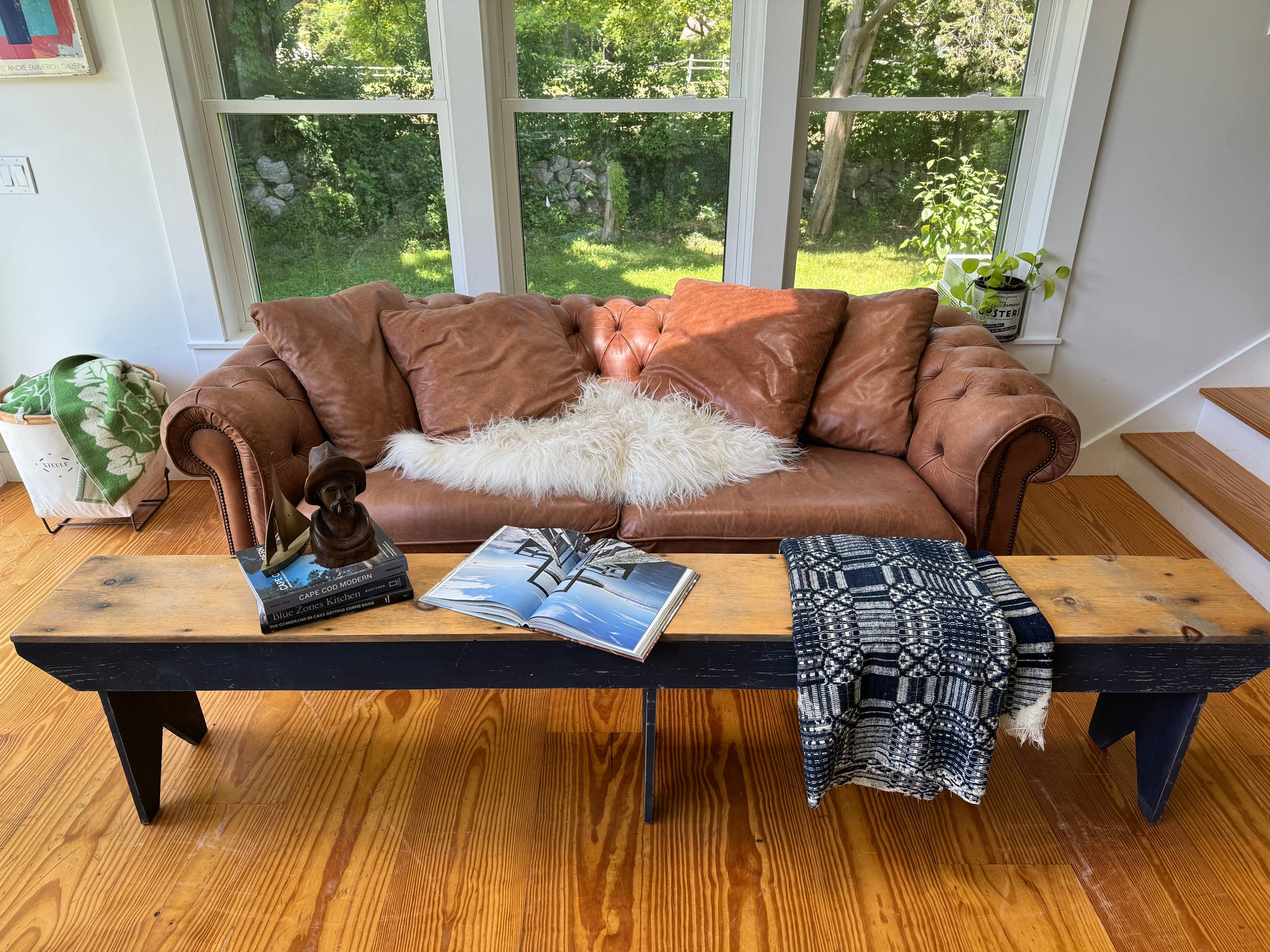 Vintage Navy Blue Wood Bench - 8’ long