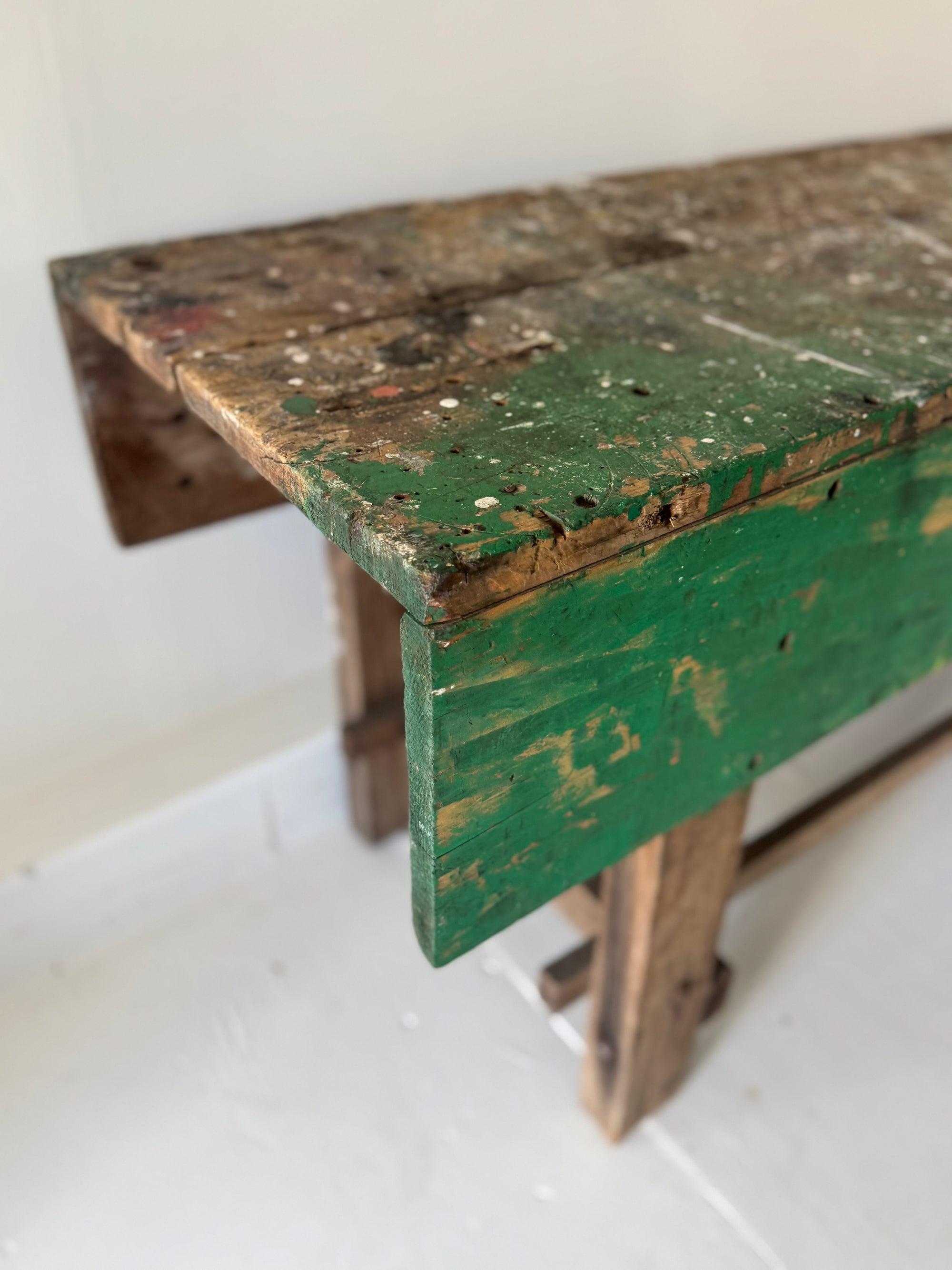 Vintage Industrial Workbench – Chippy Green Patina
