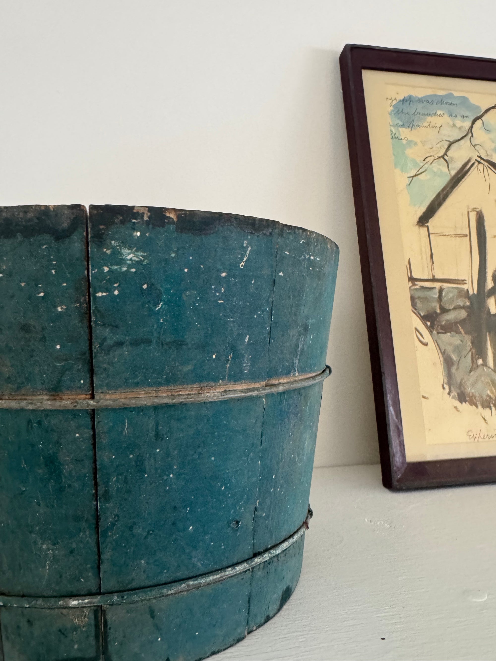 Antique Wood Bucket - Painted Blue