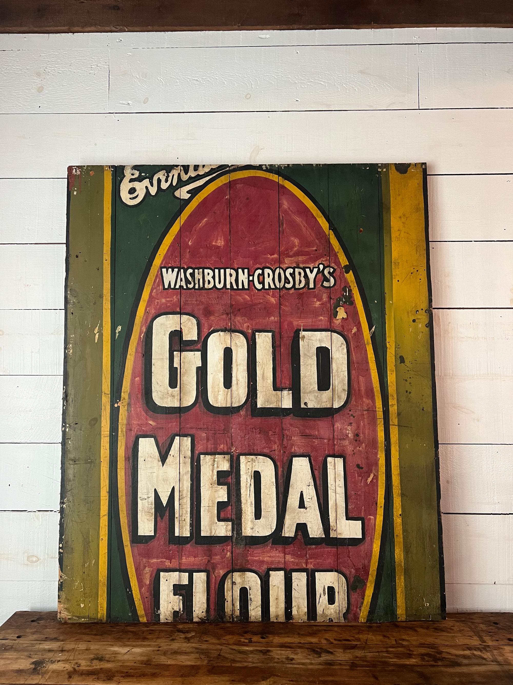 Salvaged Hand Painted Gold Metal Flour Sign