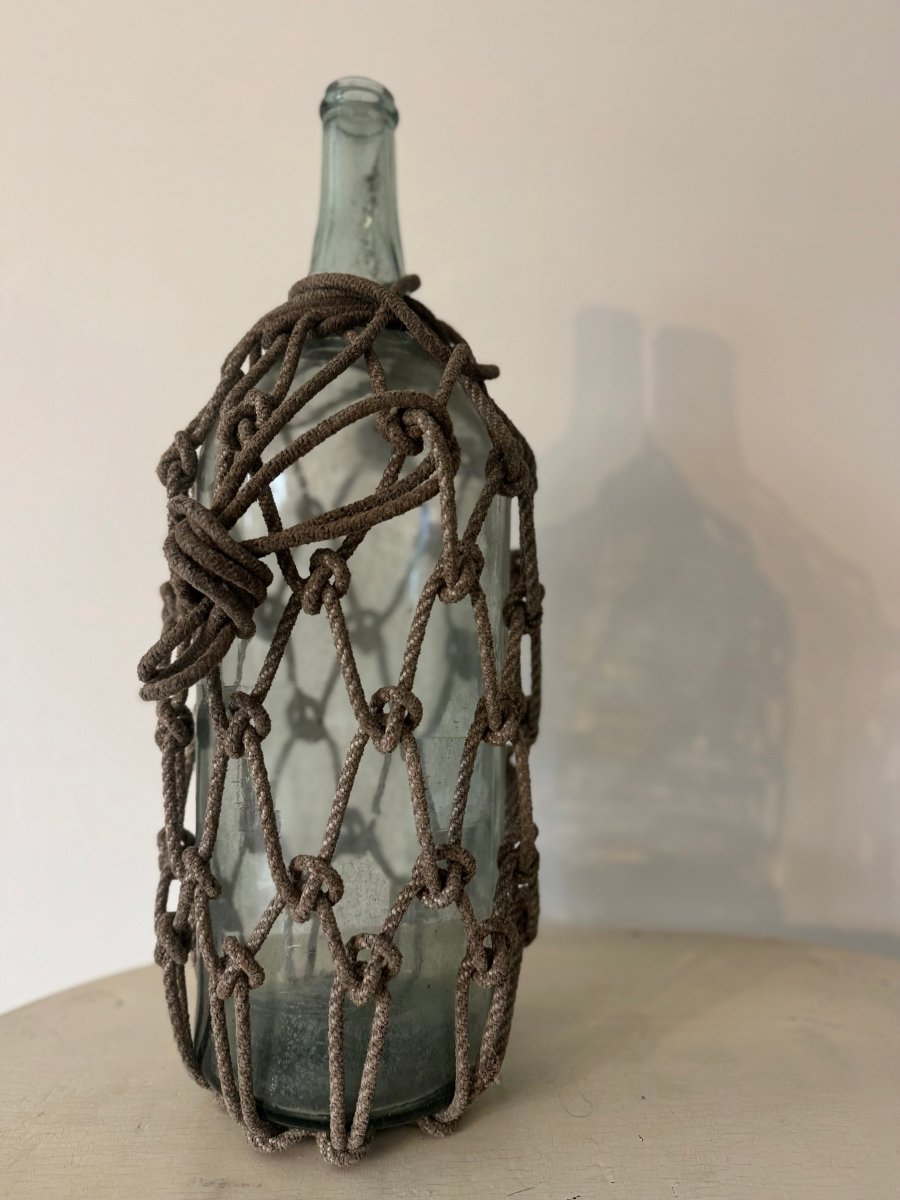 Antique Bottle Jug Demijohn Nautical Macrame - Diamonds & Rust
