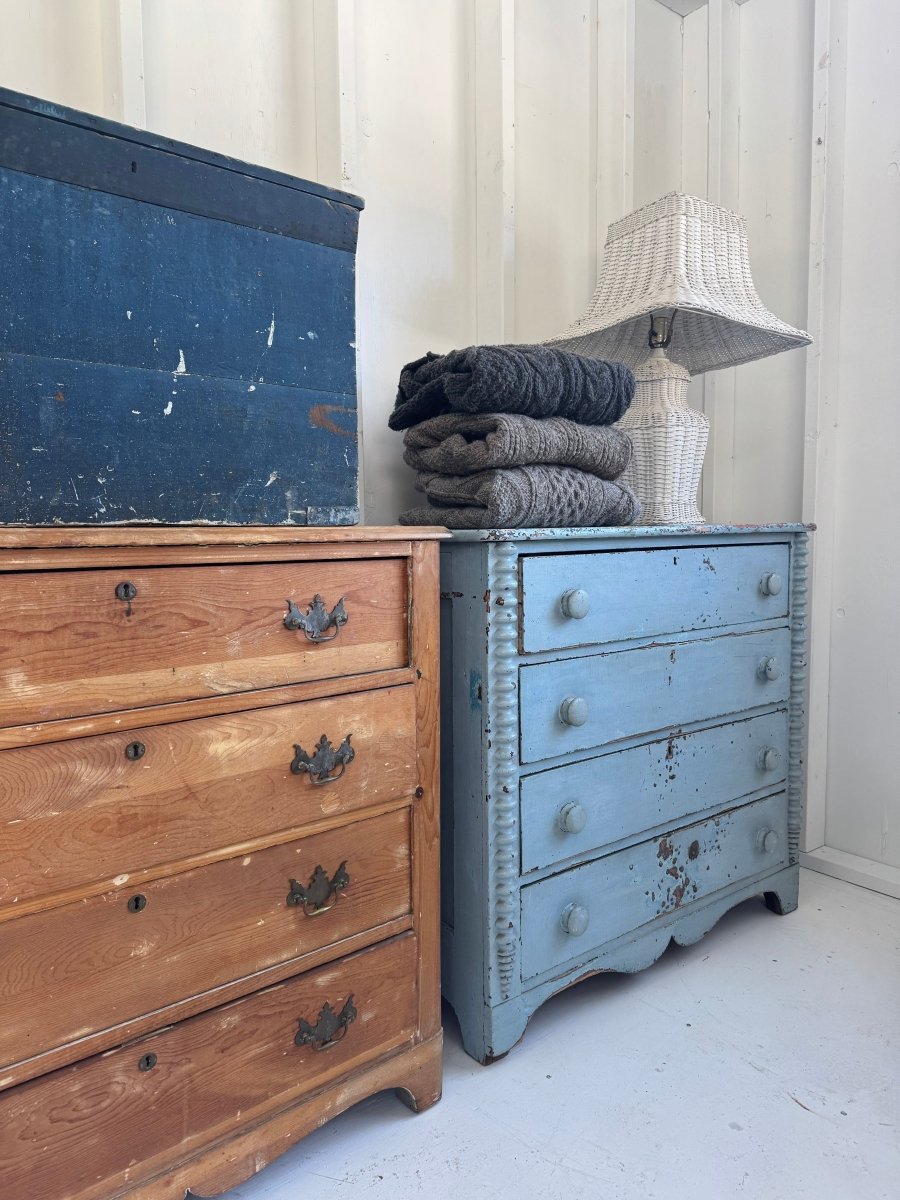 Antique Jenny Lind Cottage Pine Dresser - Blue - Diamonds & Rust Antique Jenny Lind Cottage Pine Dresser - Blue - Diamonds & Rust