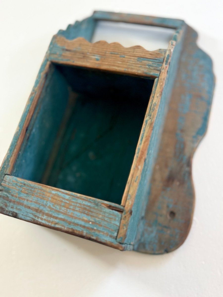 Antique Primitive Wood Wall Box - Blue - Diamonds & Rust