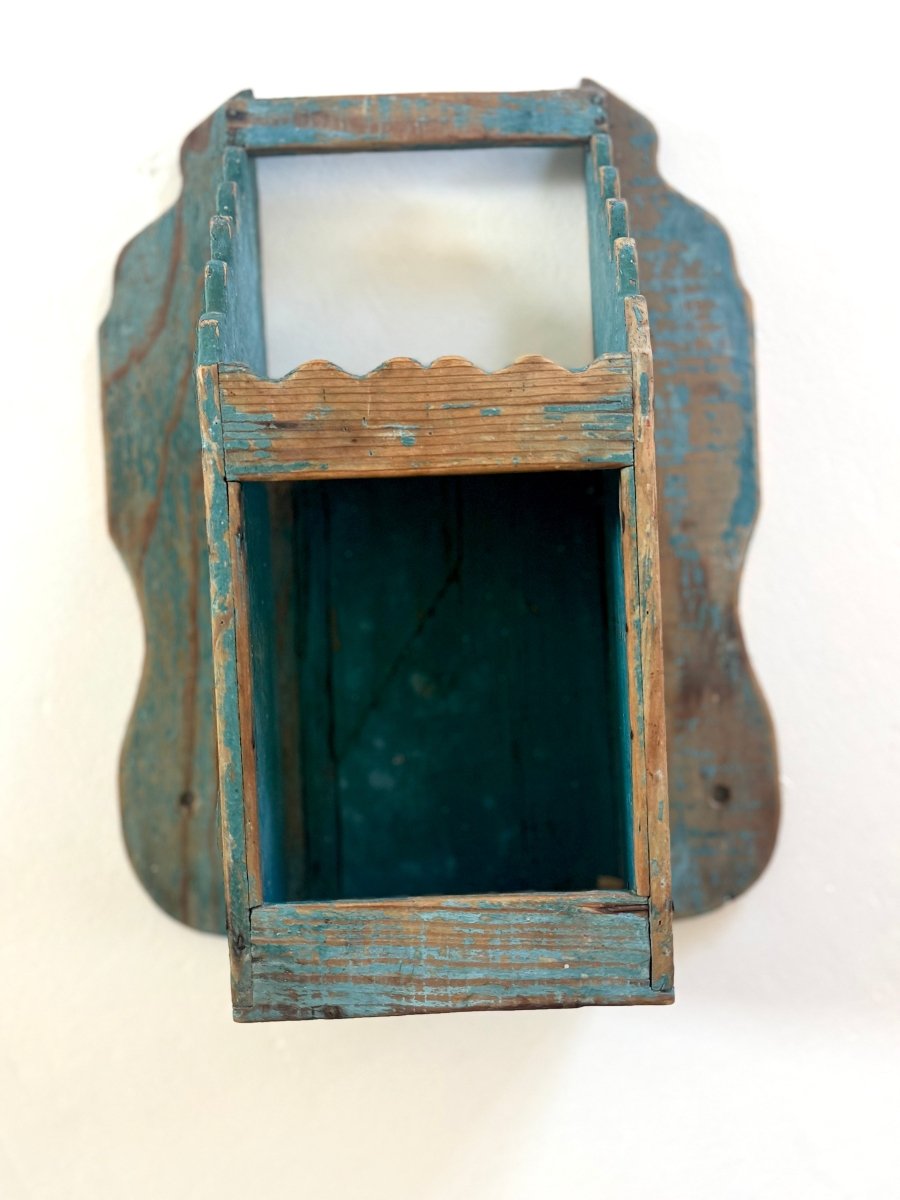 Antique Primitive Wood Wall Box - Blue - Diamonds & Rust
