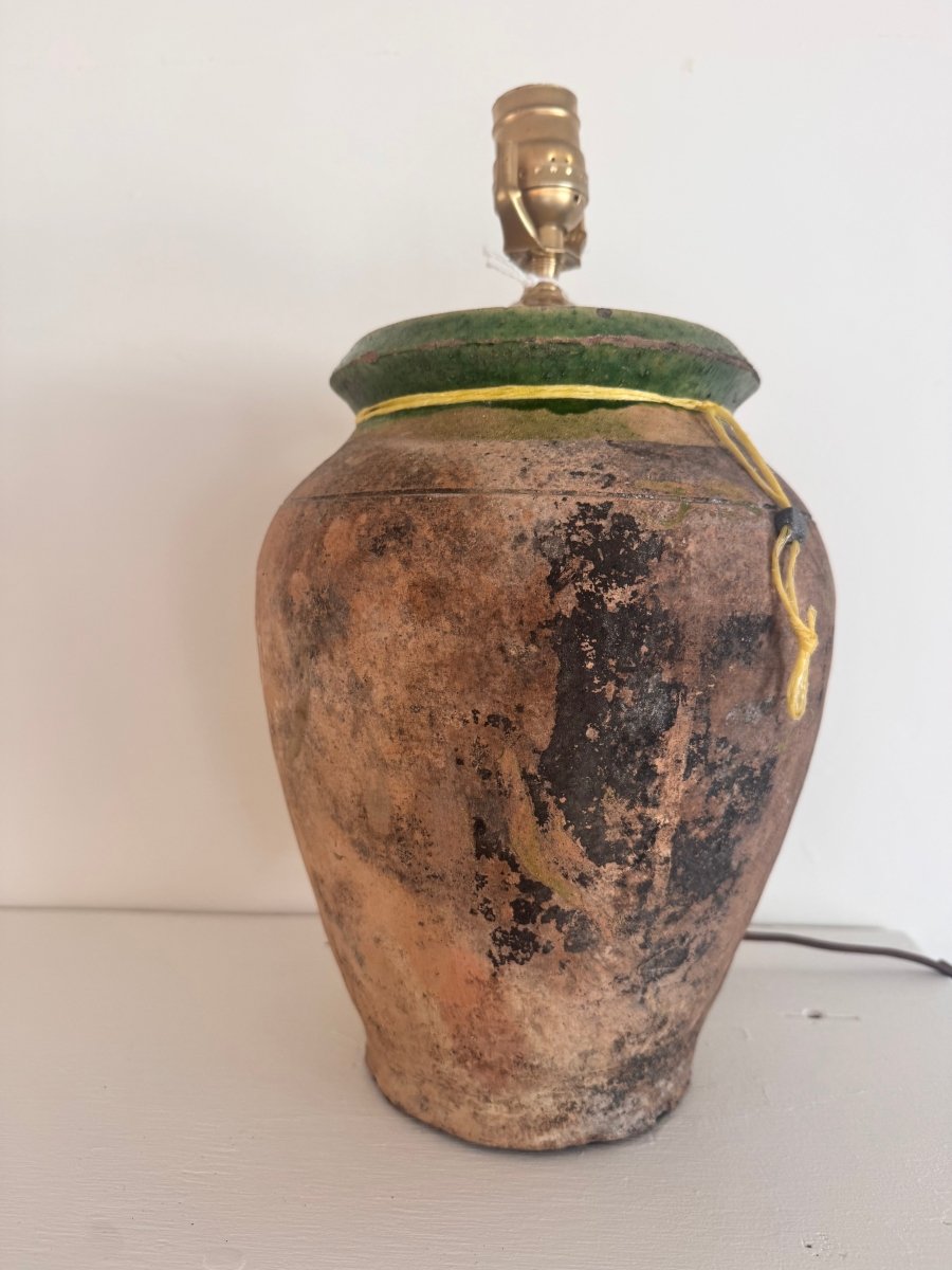 Antique Redware Pottery Jug - Lamp - Diamonds & Rust