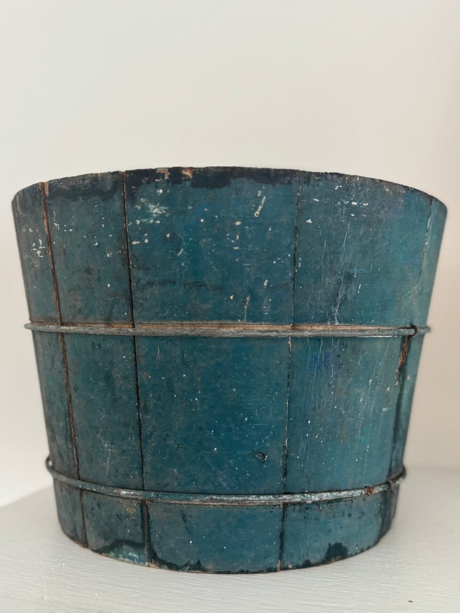 Antique Wood Bucket - Painted Blue - Diamonds & Rust