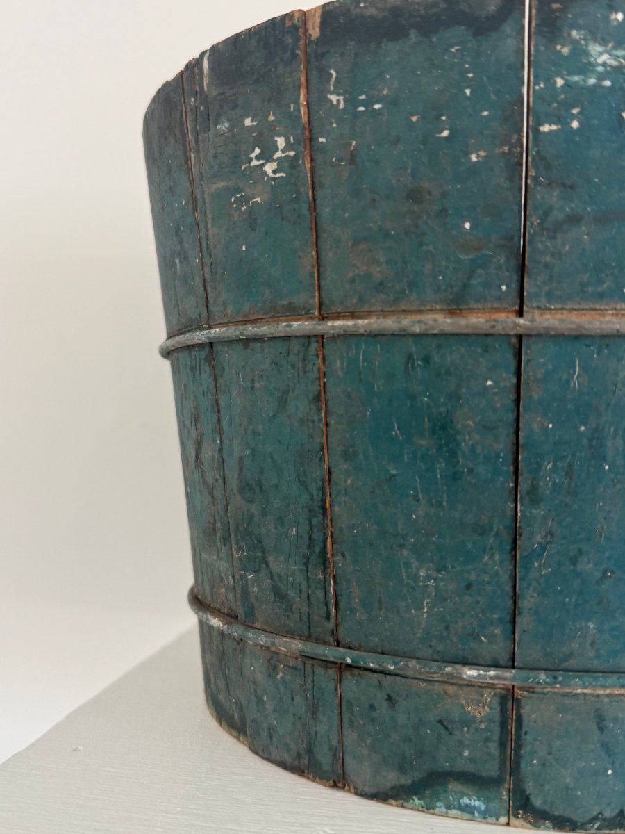 Antique Wood Bucket - Painted Blue - Diamonds & Rust