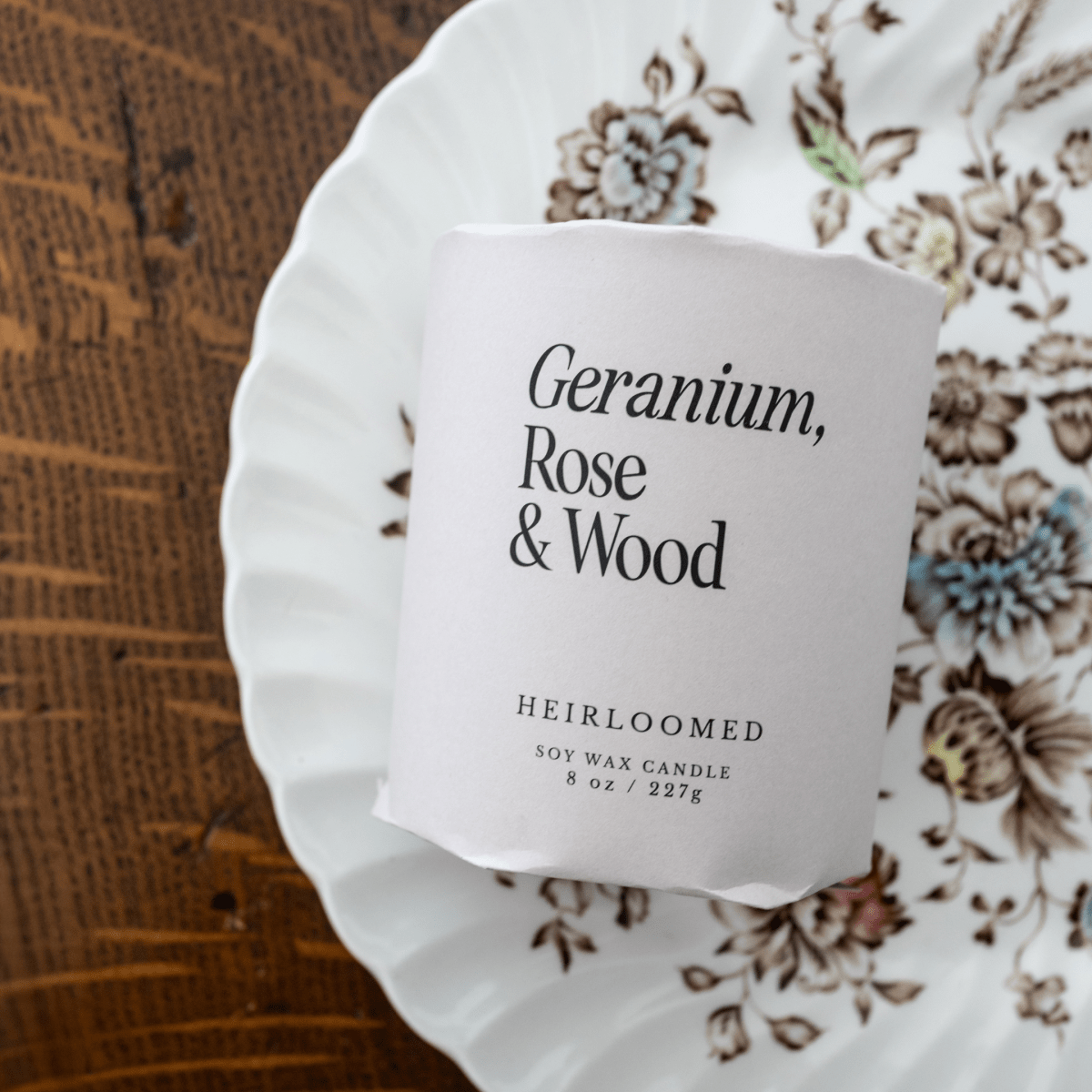 Heirloomed Candle - Geranium, Rose, Wood - 8 oz Soy Wax - Diamonds & Rust
