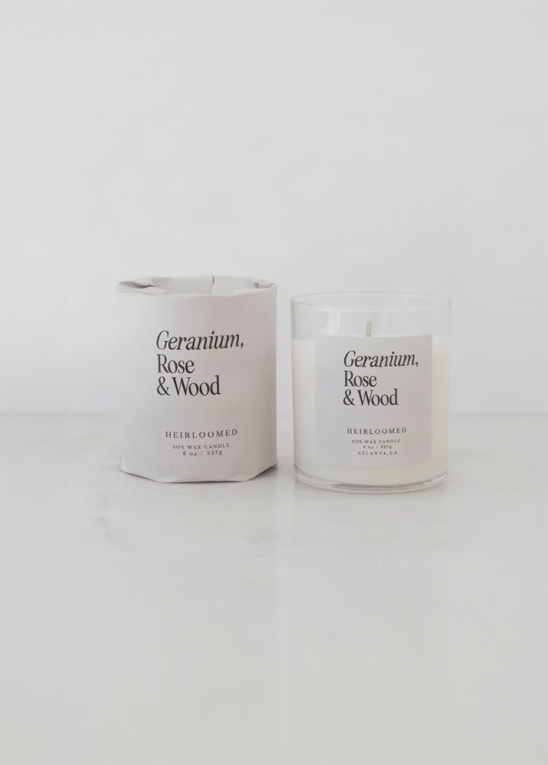 Heirloomed Candle - Geranium, Rose, Wood - 8 oz Soy Wax - Diamonds & Rust
