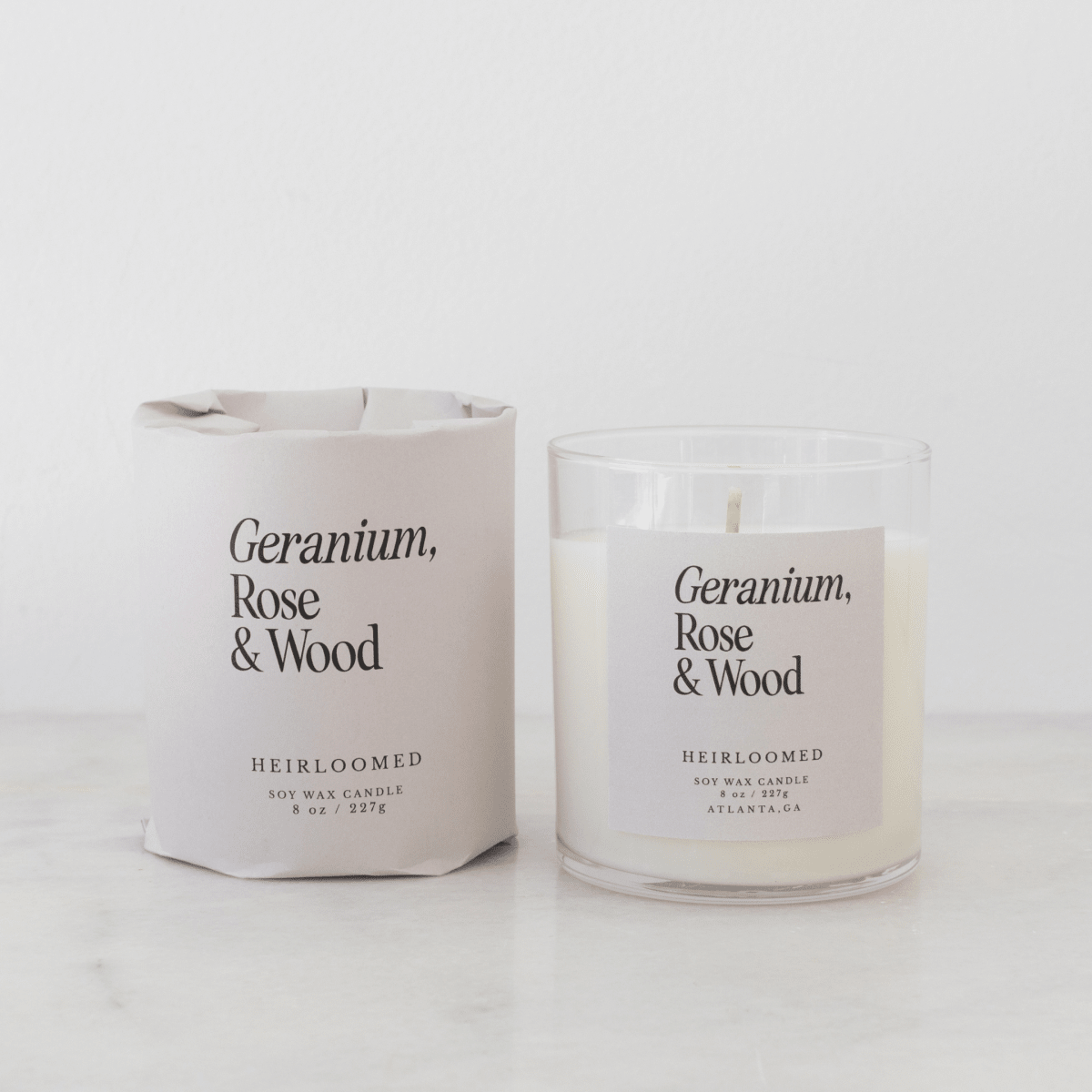 Heirloomed Candle - Geranium, Rose, Wood - 8 oz Soy Wax - Diamonds & Rust