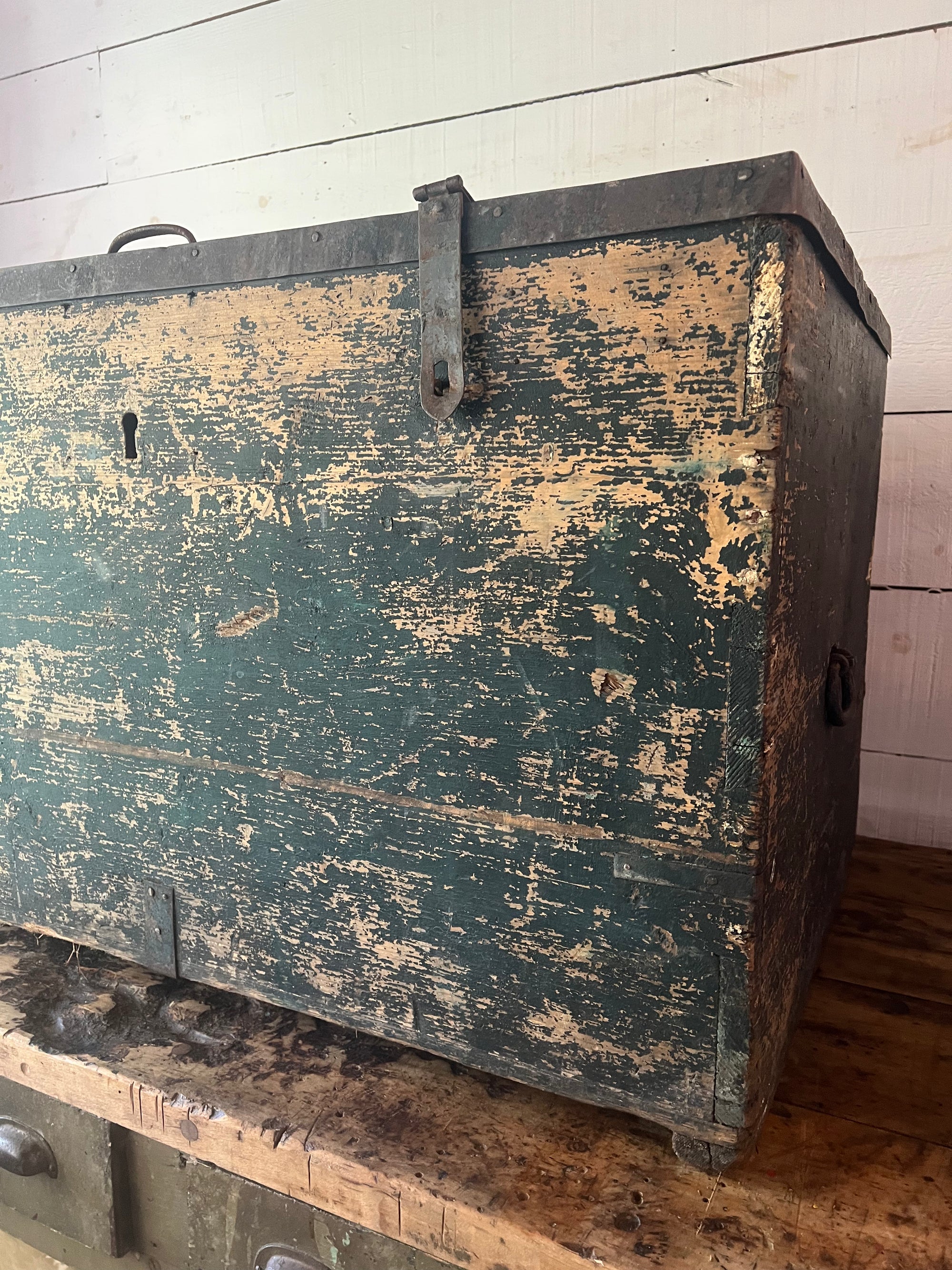 Antique Wood Chest - Metal Trim