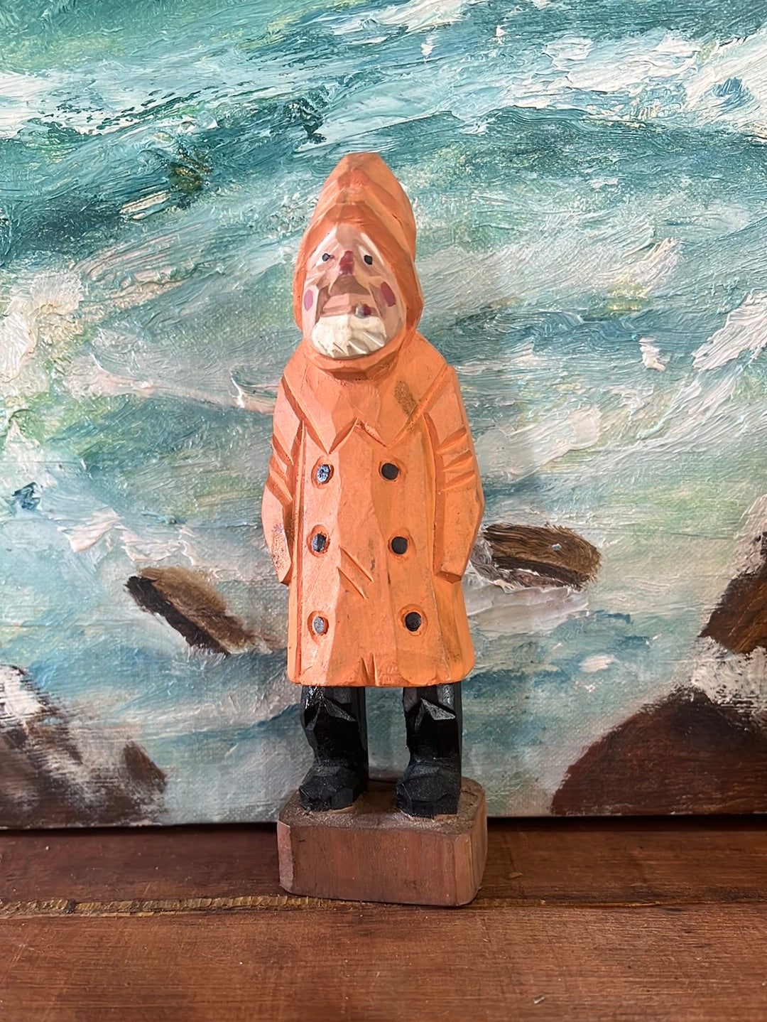 Vintage Wooden Fisherman - Yellow Coat + Hat