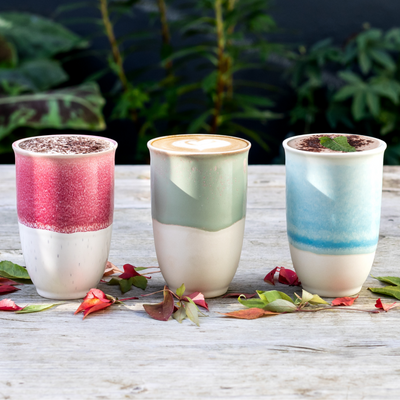 Lagoon Ceramic Coffee Cup – 12oz with Lid & Sleeve - Diamonds & Rust