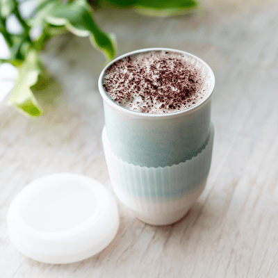 Lagoon Ceramic Coffee Cup – 12oz with Lid & Sleeve - Diamonds & Rust