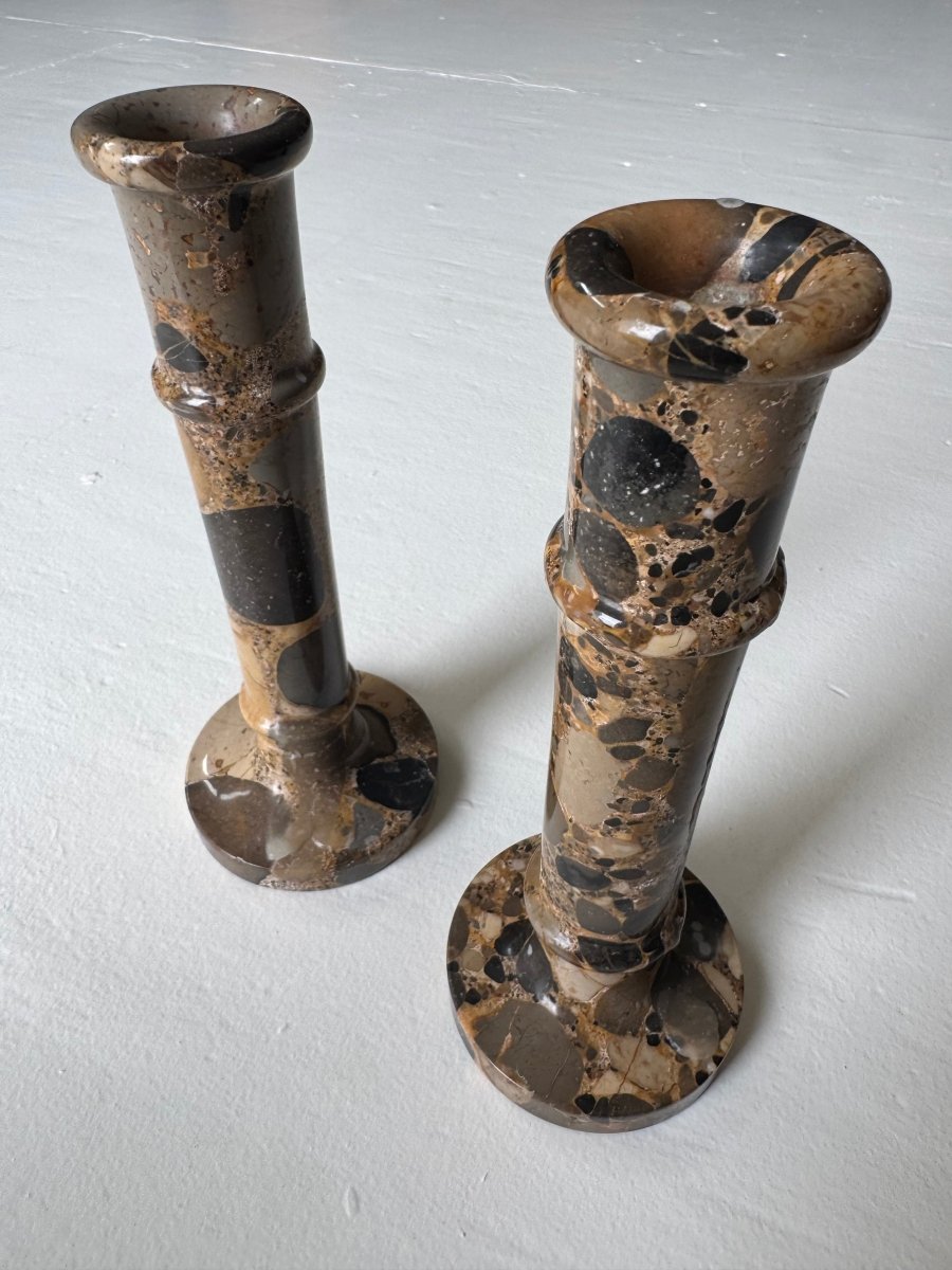 Pair of Vintage Stone Candlesticks - Diamonds & Rust