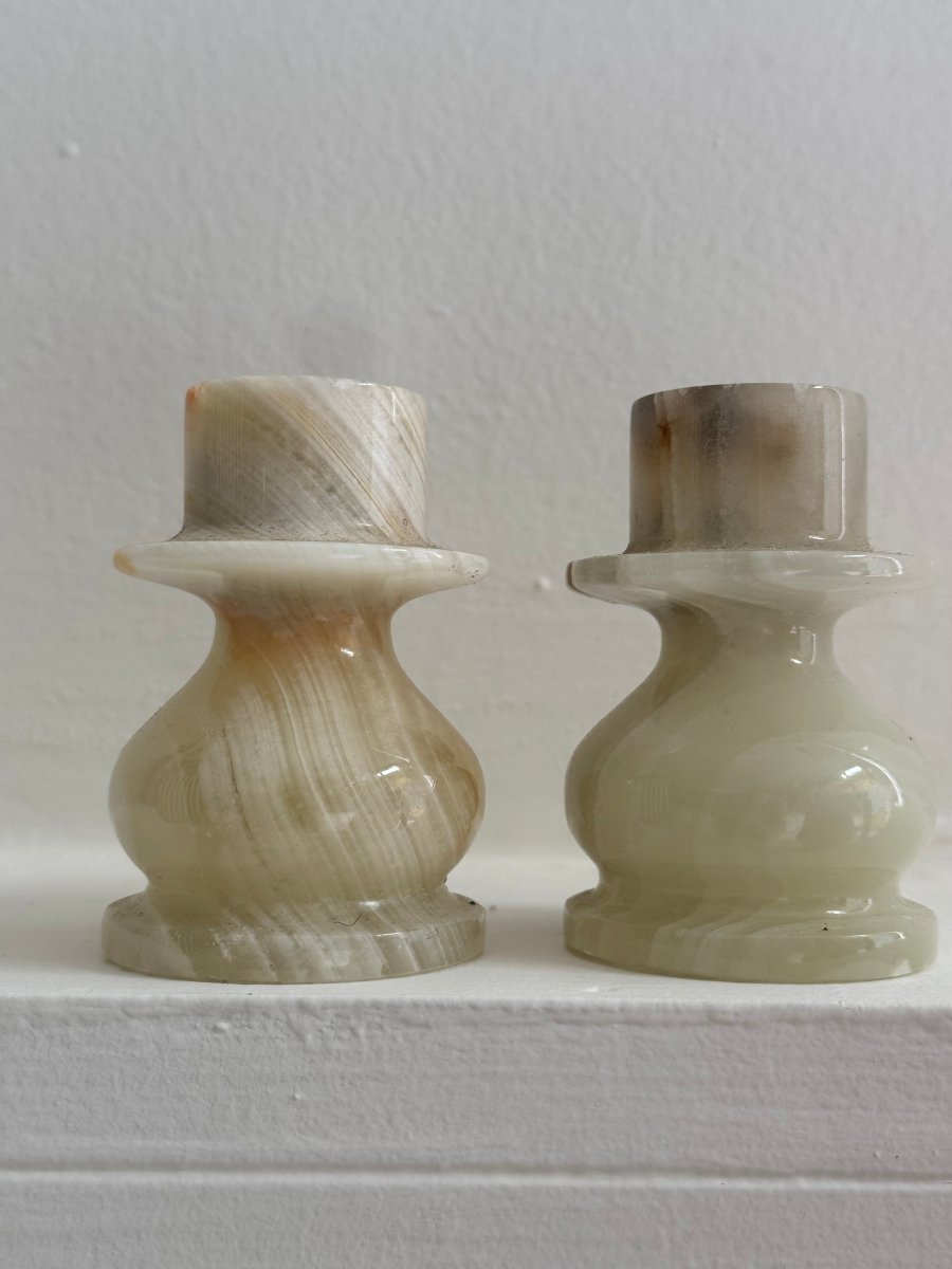 Pair of Vintage Stone Candlesticks - Diamonds & Rust