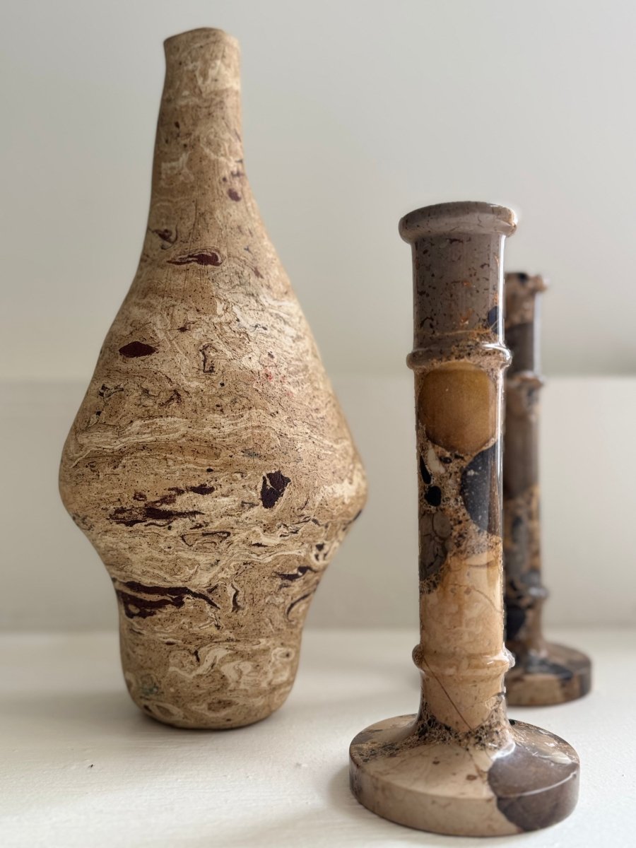 Pair of Vintage Stone Candlesticks - Diamonds & Rust