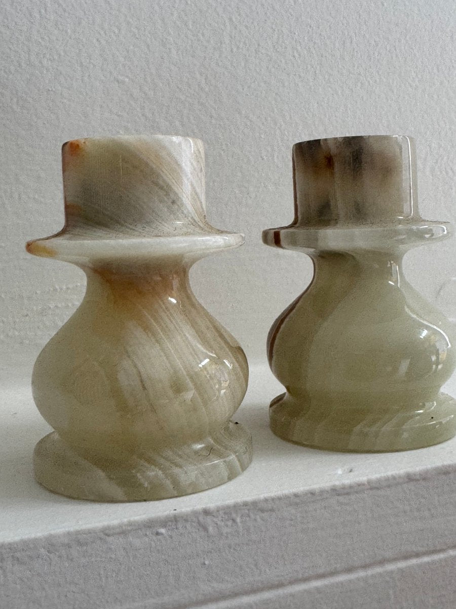 Pair of Vintage Stone Candlesticks - Diamonds & Rust