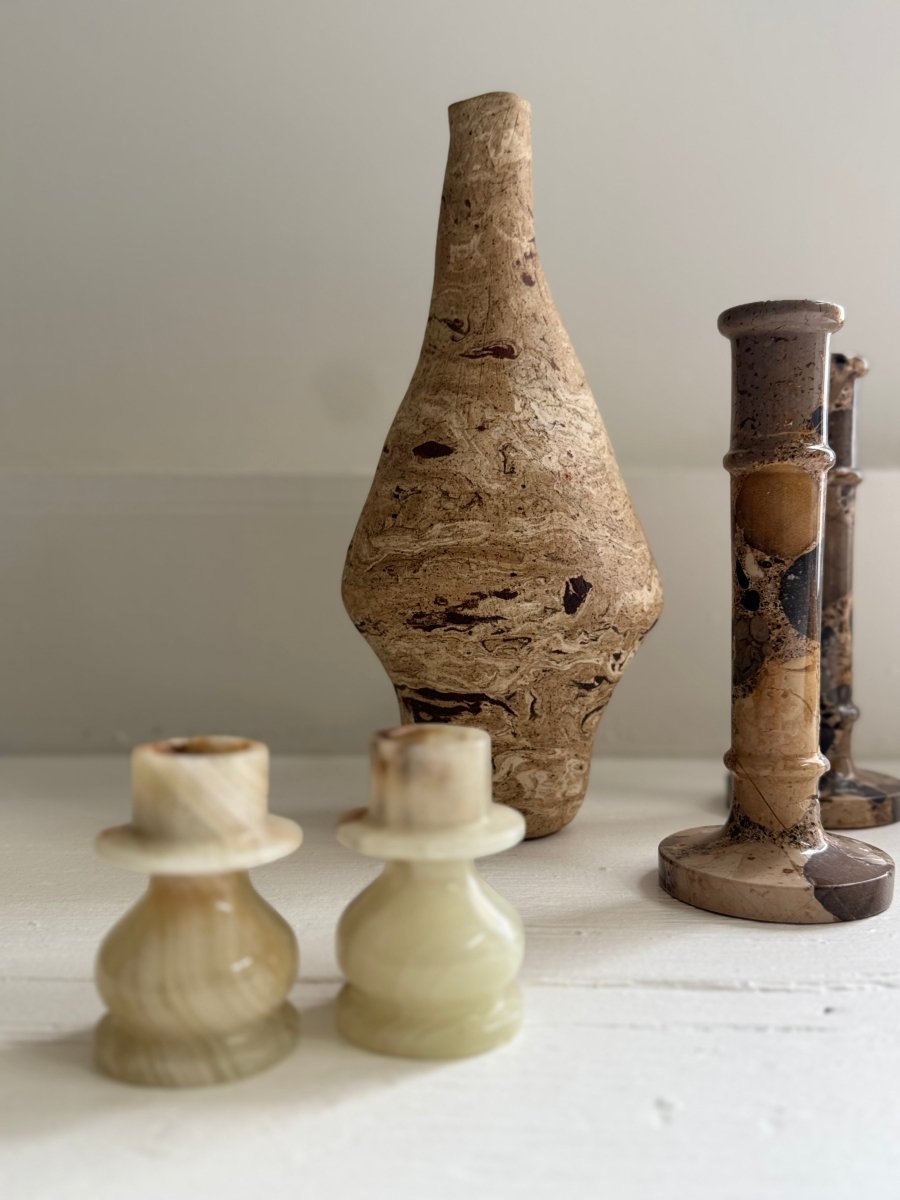 Pair of Vintage Stone Candlesticks - Diamonds & Rust