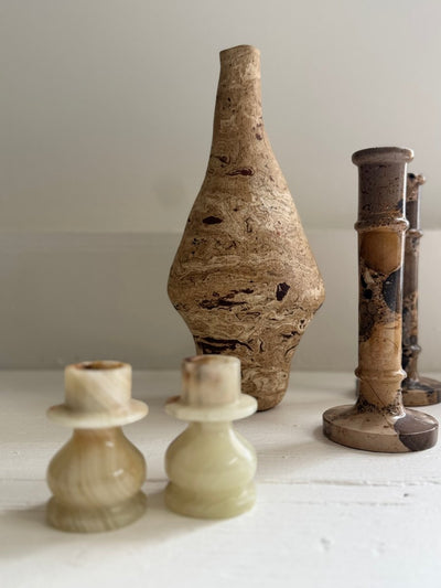Pair of Vintage Stone Candlesticks - Diamonds & Rust