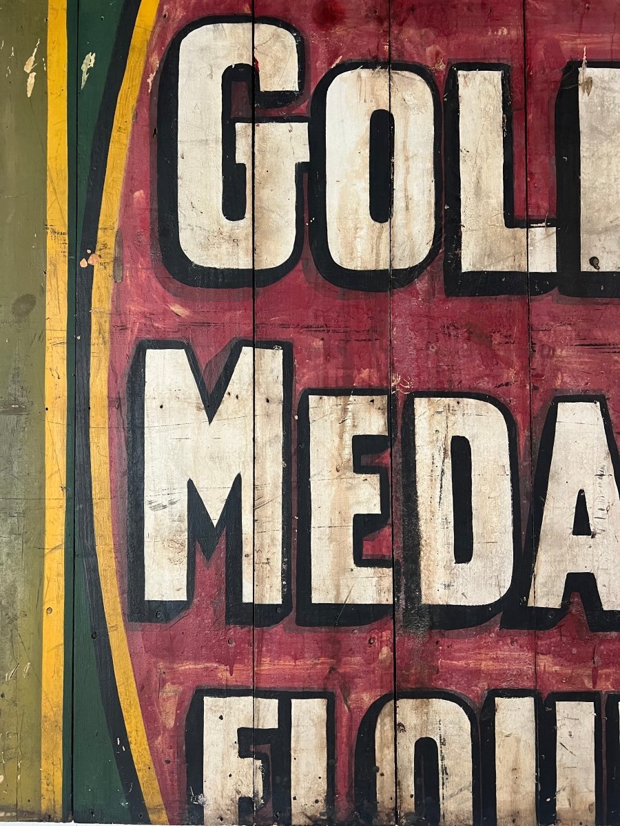Salvaged Hand Painted Gold Metal Flour Sign - Diamonds & Rust