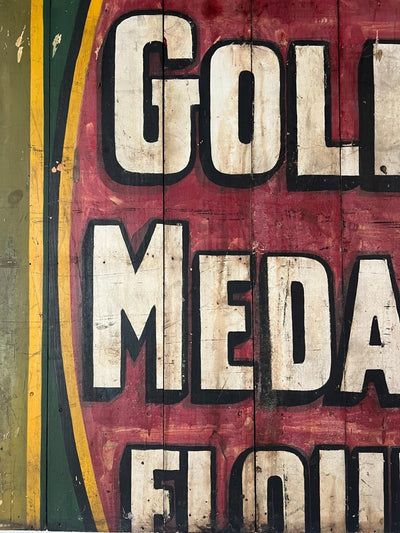 Salvaged Hand Painted Gold Metal Flour Sign - Diamonds & Rust