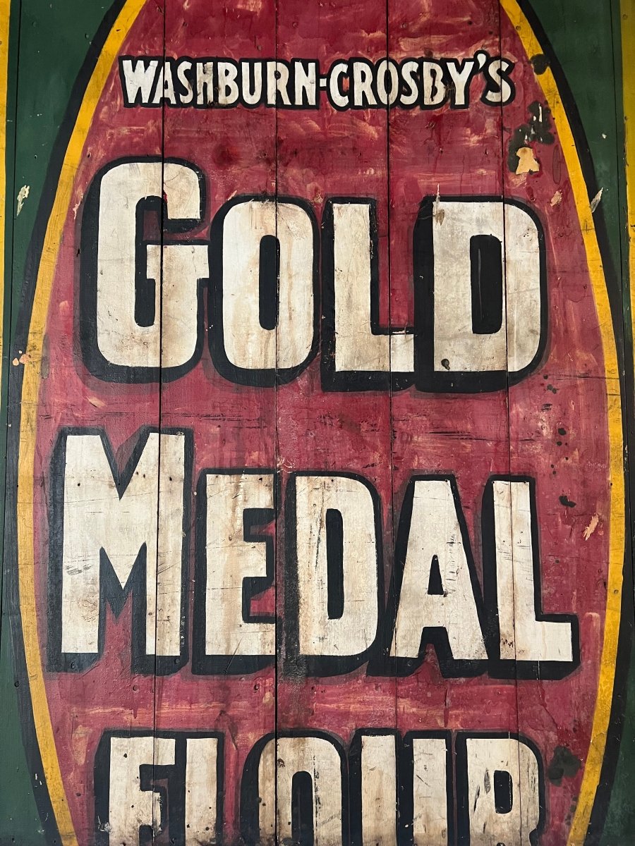Salvaged Hand Painted Gold Metal Flour Sign - Diamonds & Rust