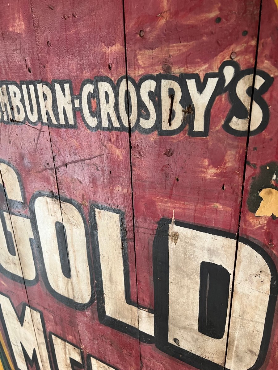 Salvaged Hand Painted Gold Metal Flour Sign - Diamonds & Rust