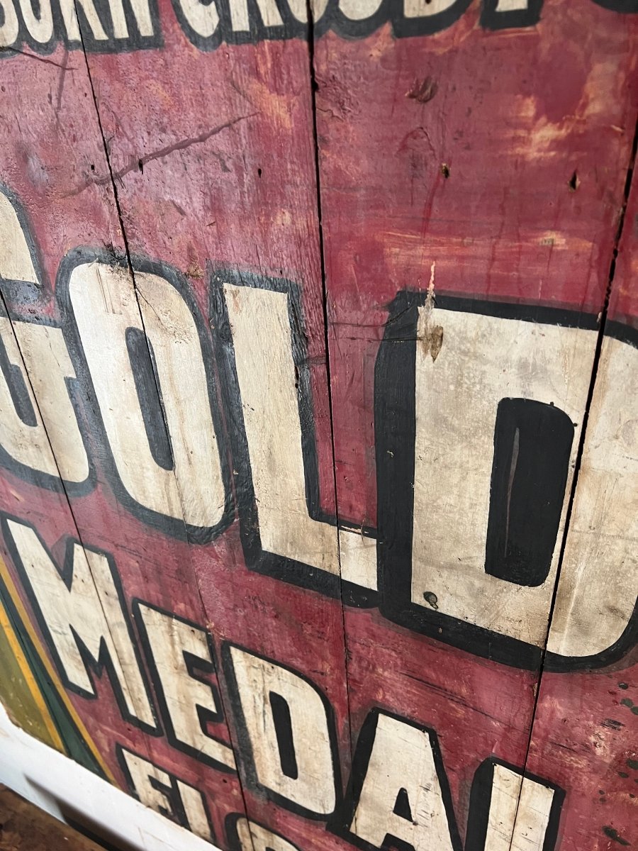 Salvaged Hand Painted Gold Metal Flour Sign - Diamonds & Rust