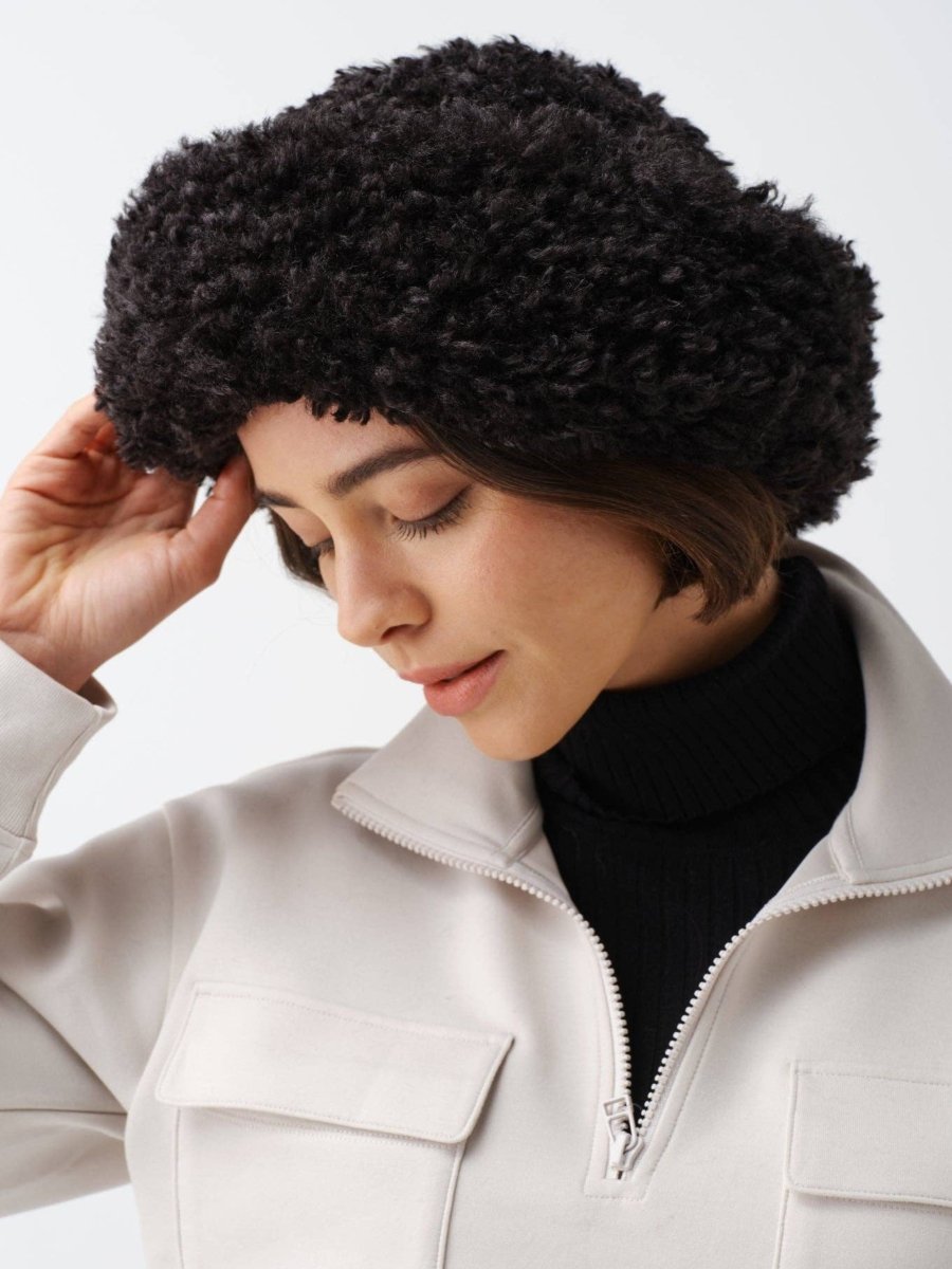 Sherpa Hat: Black Faux Sheepskin - Diamonds & Rust