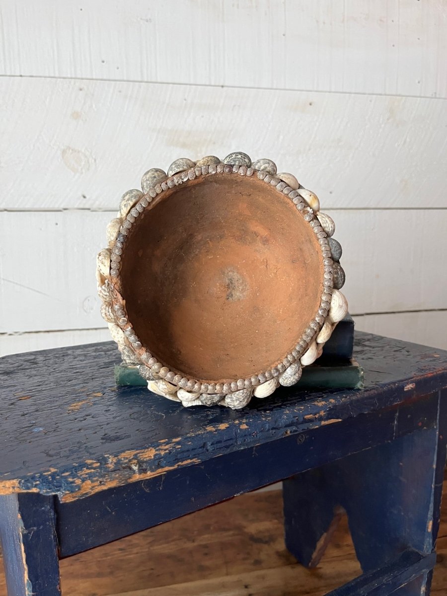 Tramp Art Shell Encrusted Planter - Diamonds & Rust