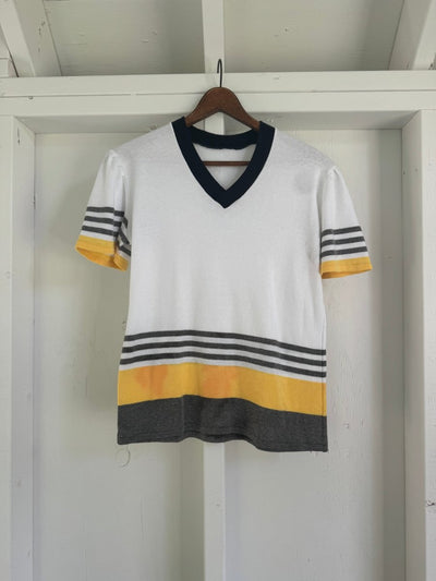 Vintage 80s Yellow Striped V Neck Tee Shirt - Diamonds & Rust
